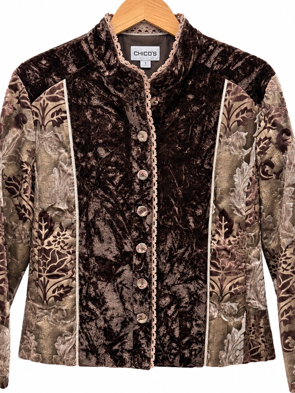 Chico’s Velvet Burnout Floral Art to Wear Jacket Brown Size 1